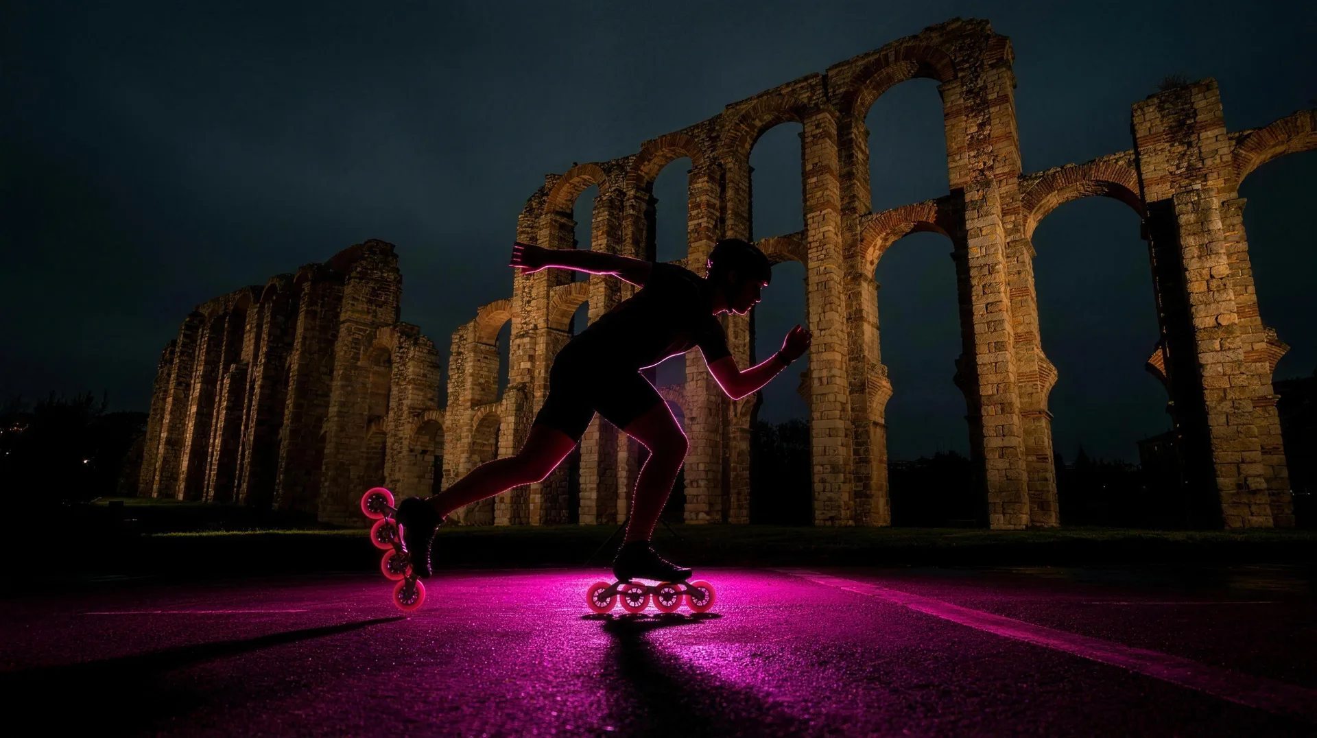 Patinadora en línea pasando ante el Acueducto de los Milagros de Mérida al anochecer